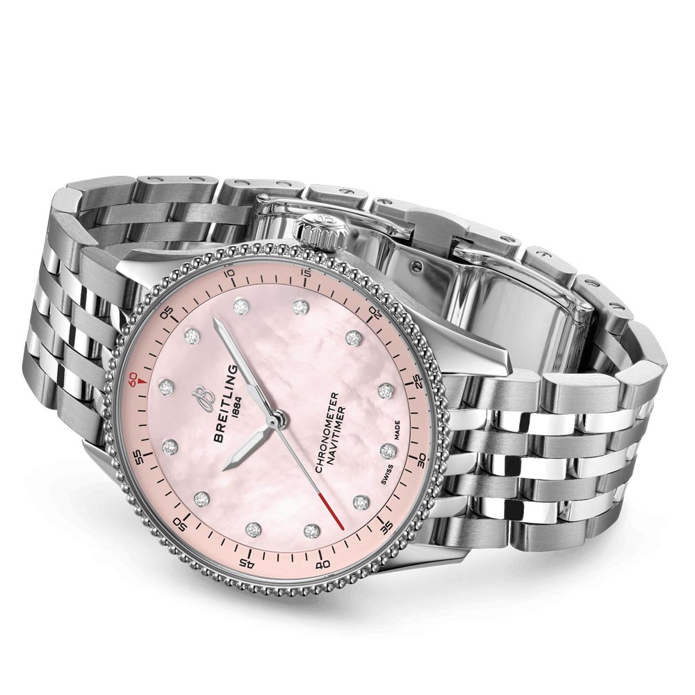 breitling navitimer 32mm pink mop diamond dot dial quartz ladies watch