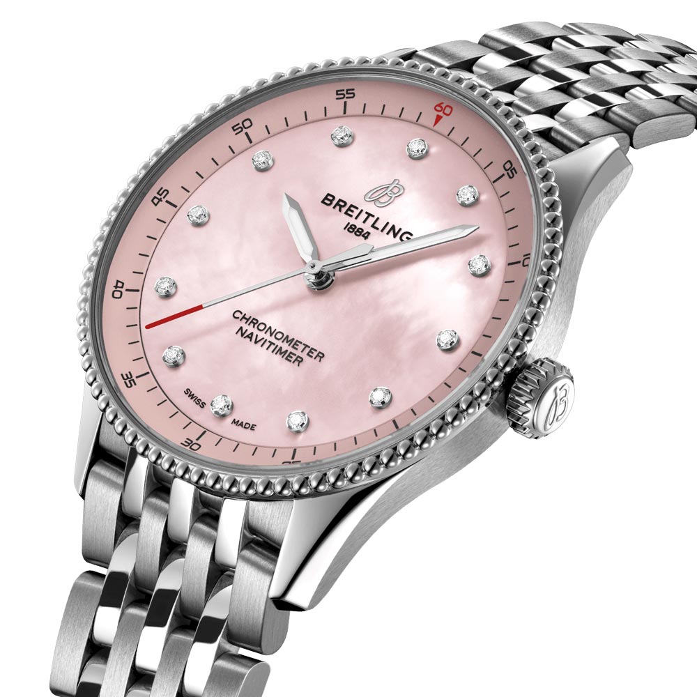 Breitling Navitimer 32mm Pink MOP Diamond Dot Dial Quartz Ladies Watch A77320D91K1A1