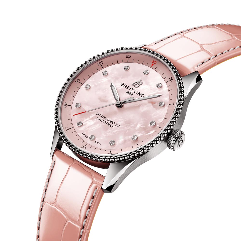 Breitling Navitimer 32mm Pink MOP Diamond Dot Dial Quartz Ladies Watch A77320D91K1P1