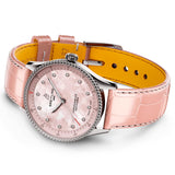 a77320d91k1p1 breitling navitimer 32mm pink mother of pearl diamond dot dial with pink leather strap laying down image