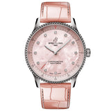 a77320d91k1p1 breitling navitimer 32mm pink mother of pearl diamond dot dial with pink leather strap front upright image