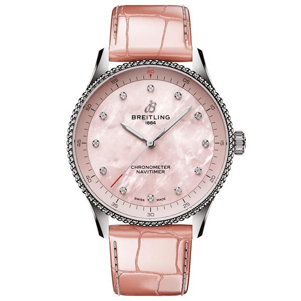 a77320d91k1p1 breitling navitimer 32mm pink mother of pearl diamond dot dial with pink leather strap front upright image