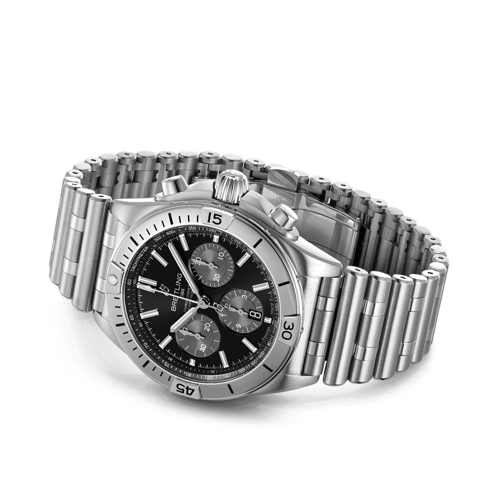 breitling chronomat b01 42mm black dial automatic chronograph steel on steel bracelet gents watch laying down image