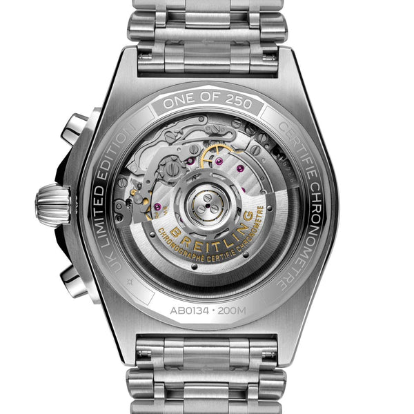 breitling chronomat b01 42mm black dial automatic chronograph steel on steel bracelet gents watch caseback facing upright image