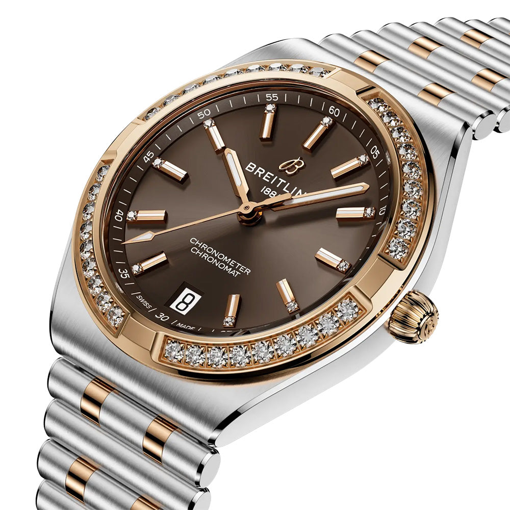 Breitling Chronomat 36mm Brown Gem-Set Dial Steel and 18ct Rose Gold Automatic Ladies Watch U10320591Q1U1