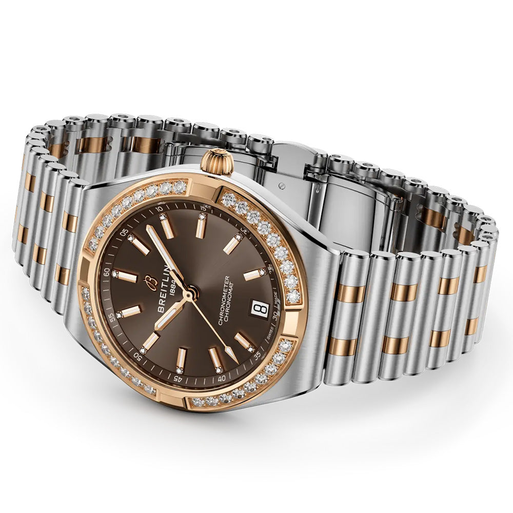 Breitling Chronomat 36mm Brown Gem-Set Dial Steel and 18ct Rose Gold Automatic Ladies Watch U10320591Q1U1
