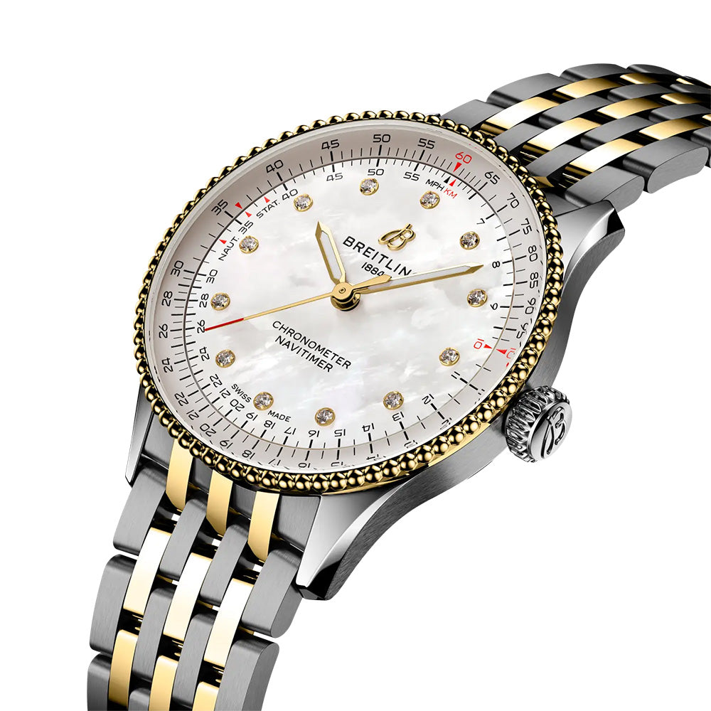 Breitling Navitimer 36mm MOP Dial 18ct Gold and Steel Automatic Ladies Watch D173271A1A1D1