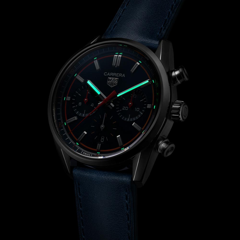 tag heuer carrera 42mm blue dial automatic chronograph gents watch in the dark shot