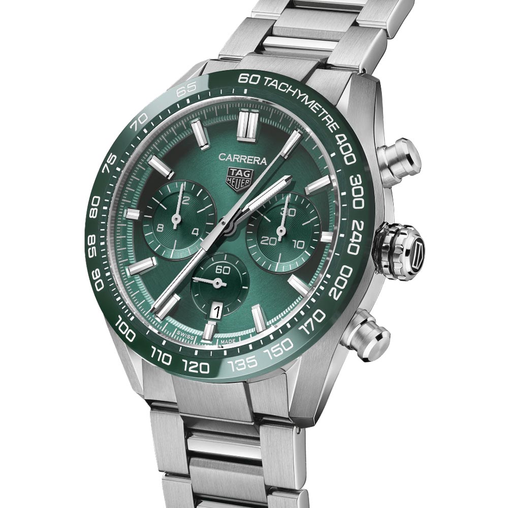 tag heuer carrera calibre heuer 02 chronograph 44mm green dial automatic gents watch side view