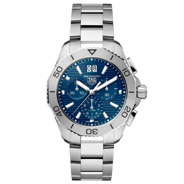 tag heuer aquaracer professional 200 40mm blue dial chronograph stainless steel quartz gents watch front facing upright image