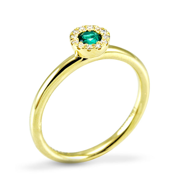 18ct Yellow Gold 0.16ct Emerald And 0.07ct Diamond Halo Ring