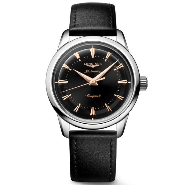longines conquest heritage 38mm black dial stainless steel automatic watch on a black leather strap front facing upright image