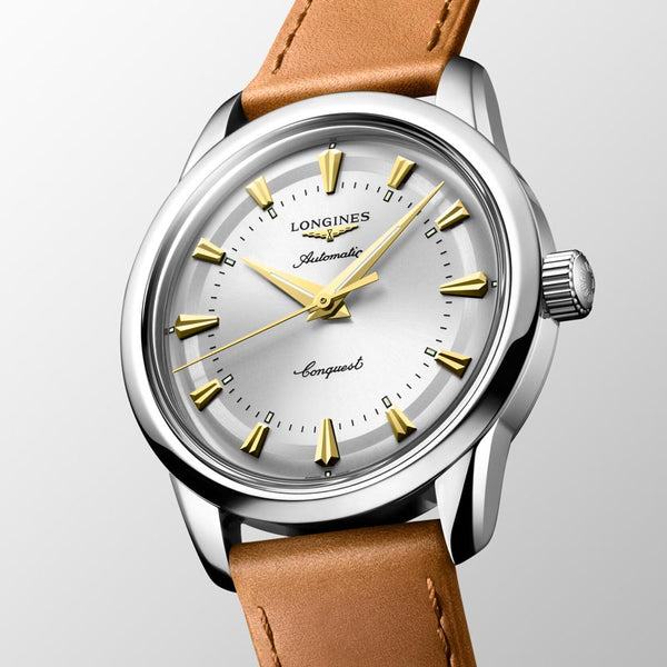 longines conquest heritage 38mm silver dial stainless steel automatic watch front side facing image