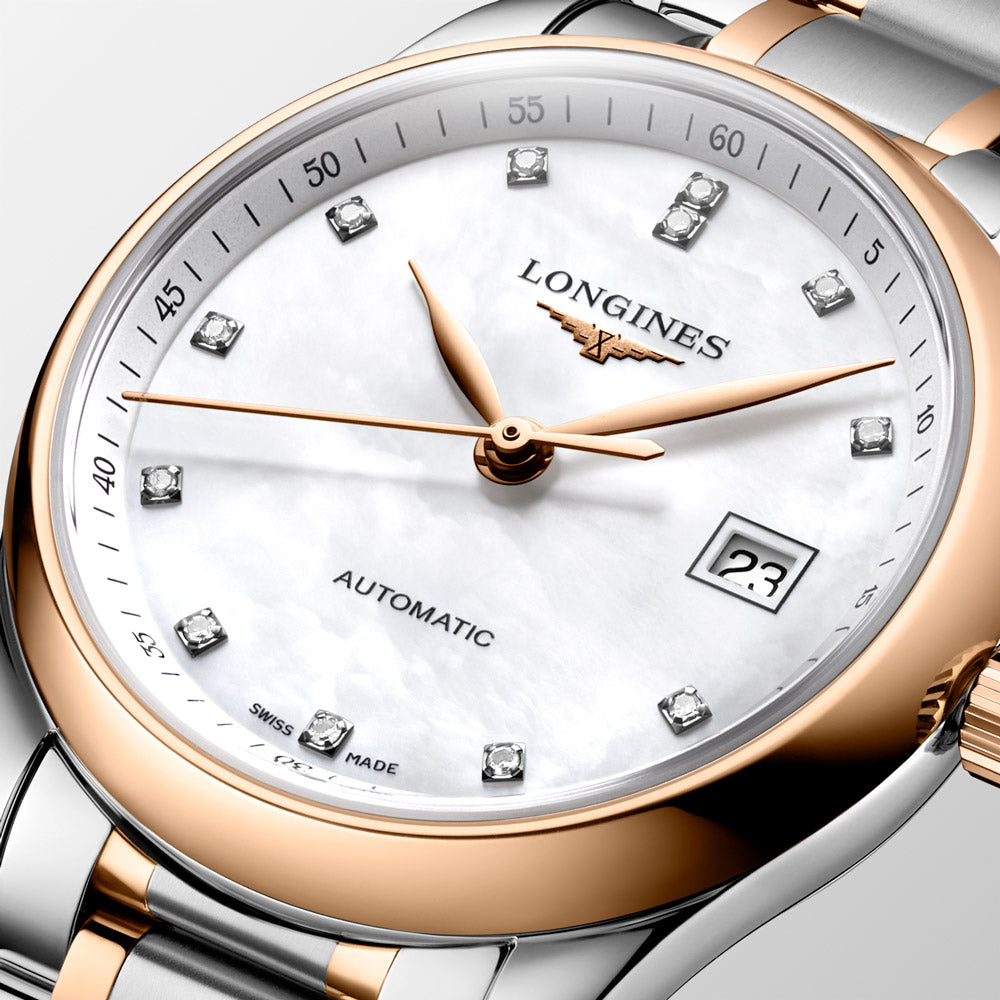 Longines Master Collection 29mm MOP Diamond Dot Dial 18ct Rose Gold Capped Steel Automatic Ladies Watch L2.257.5.89.7