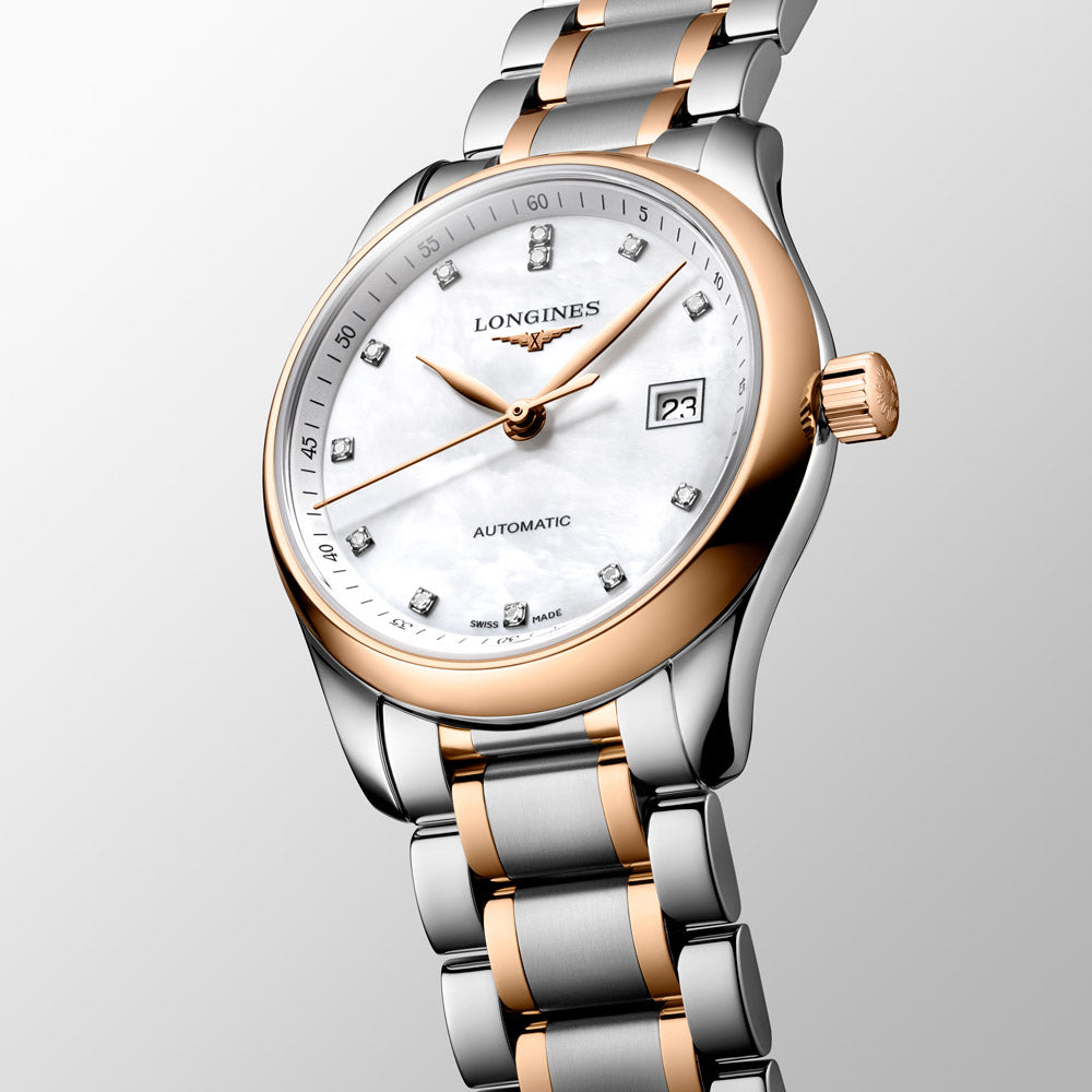 Longines Master Collection 29mm MOP Diamond Dot Dial 18ct Rose Gold Capped Steel Automatic Ladies Watch L2.257.5.89.7
