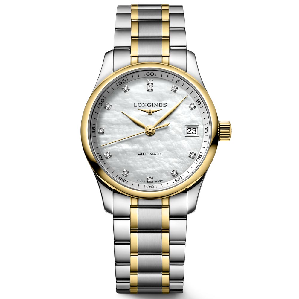 Longines Master Collection 34mm MOP Diamond Dot Dial 18ct Gold Capped Steel Automatic Ladies Watch L2.357.5.87.7