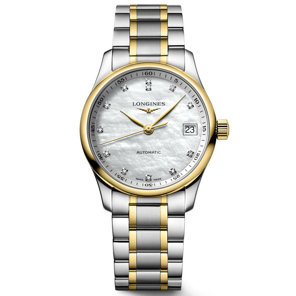 longines master collection 34mm mop dial 18ct gold capped steel diamond automatic ladies watch