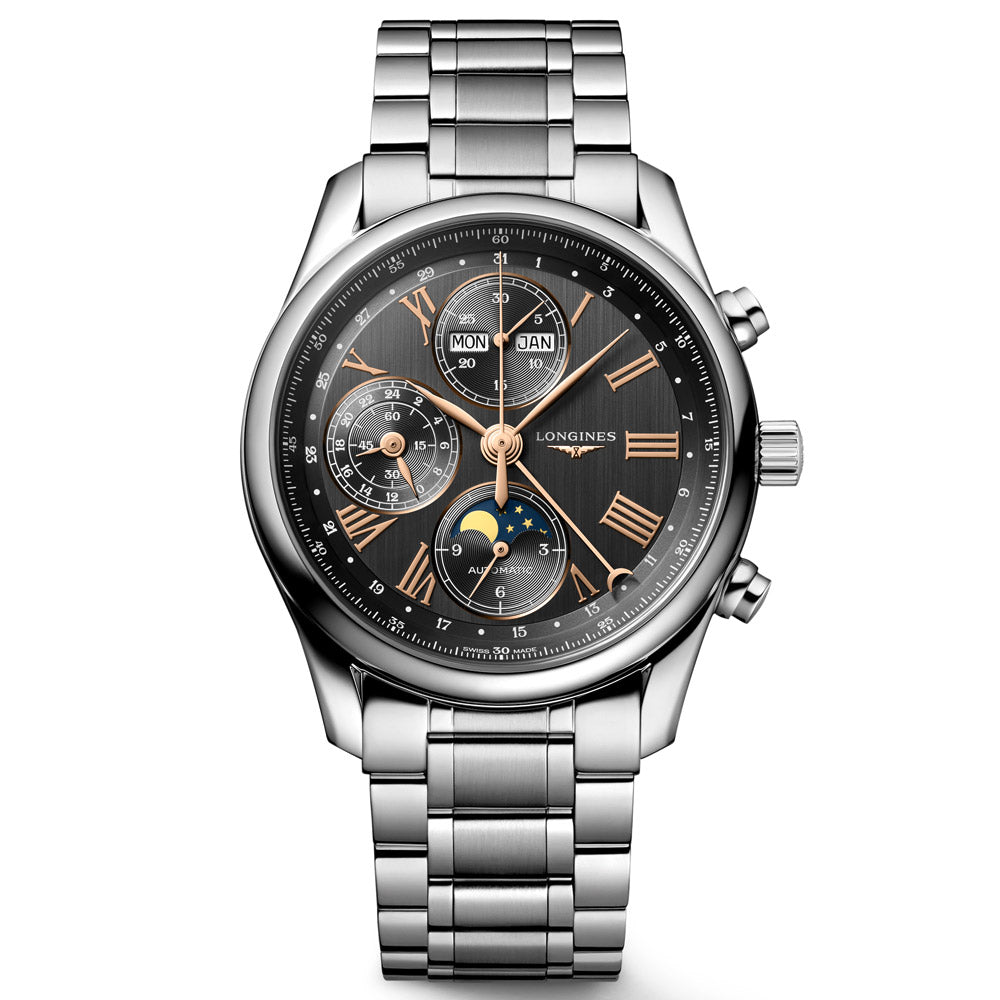 longines master collection 40mm anthracite dial with chronograph moonphase month day and date stainless steel automatic gents watch on a metal bracelet front facing upright image