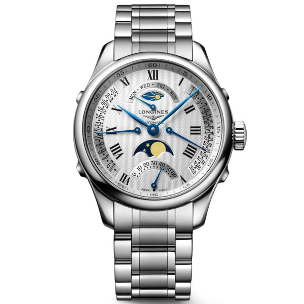 longines master collection 41mm silver dial day date moonphase second time zone automatic gents watch