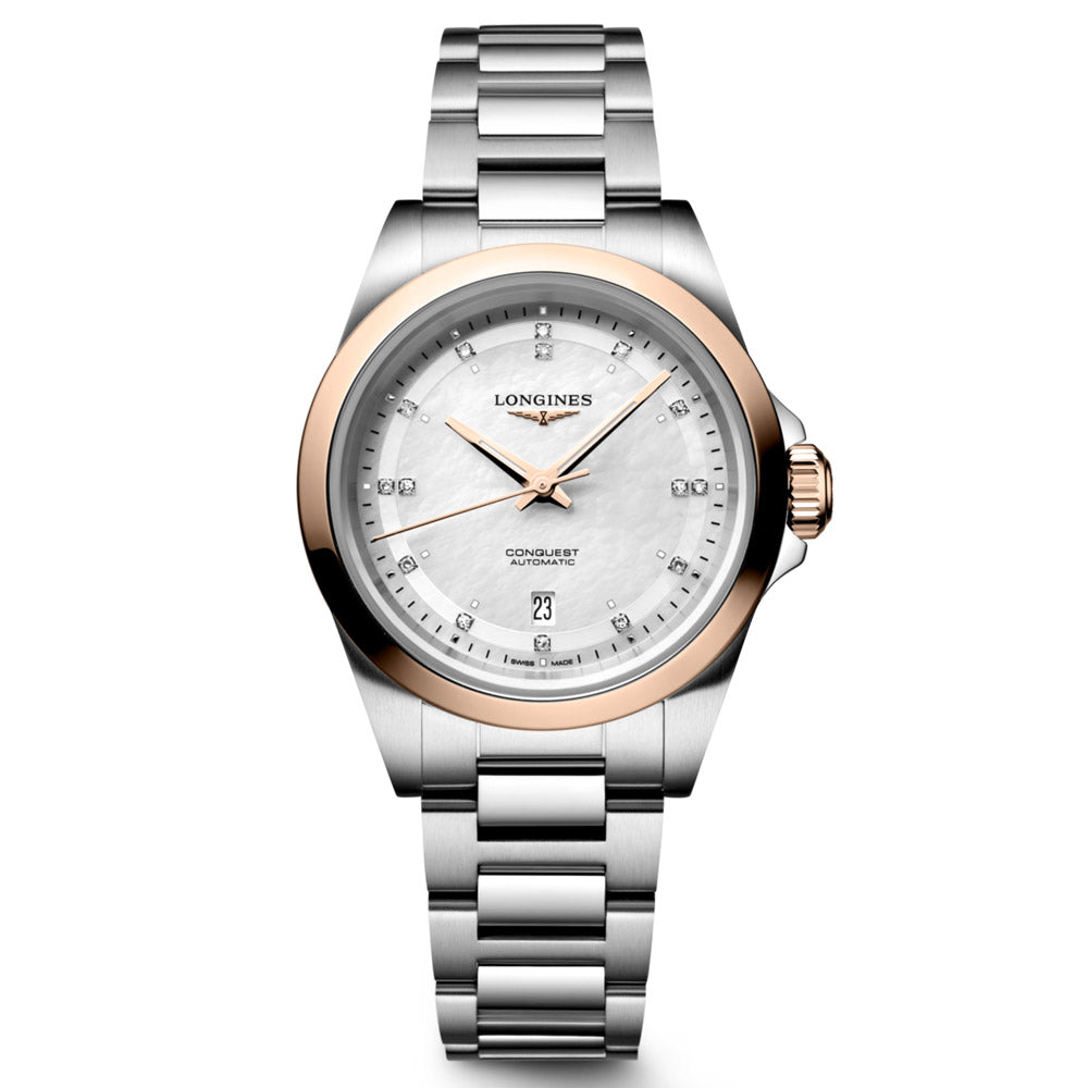 Longines Conquest 30mm MOP Diamond Dot Dial Steel and 18ct Pink Gold Automatic Ladies Watch L3.320.5.87.6