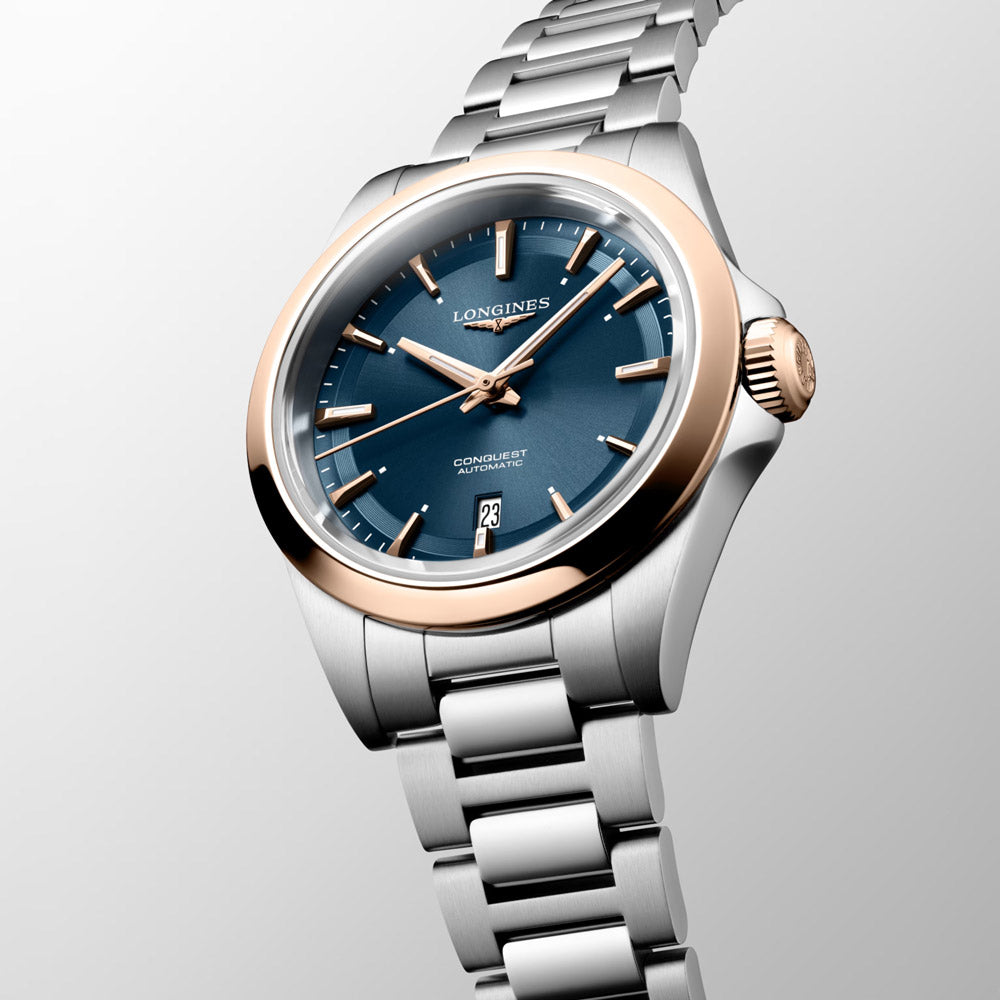 Longines Conquest 30mm Blue Dial Steel and 18ct Pink Gold Cap Automatic Ladies Watch L3.320.5.92.6