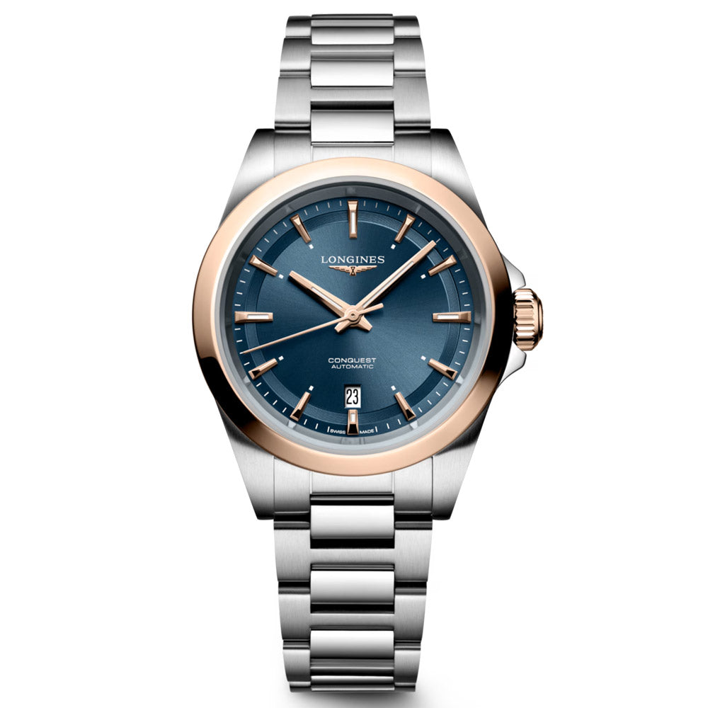 Longines Conquest 30mm Blue Dial Steel and 18ct Pink Gold Cap Automatic Ladies Watch L3.320.5.92.6