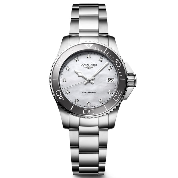 longines hydroconquest 32mm mother of pearl diamond dot dial stainless steel quartz ladies watch front facing upright image