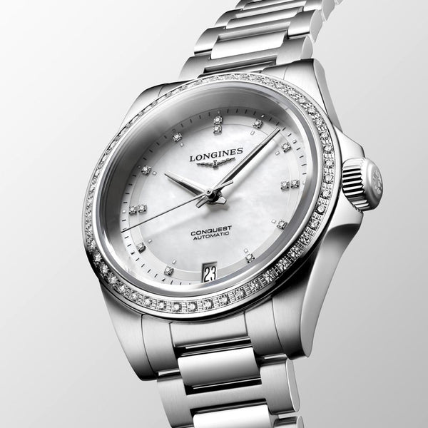 longines conquest 2023 34mm mop diamond dot dial automatic ladies watch dial close up