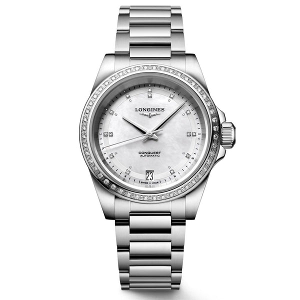 longines conquest 2023 34mm mop diamond dot dial automatic ladies watch