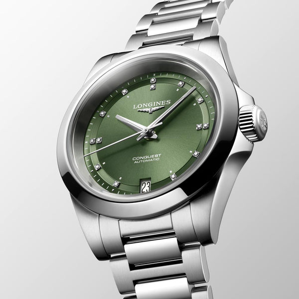 longines conquest 2023 34mm green dial diamond automatic ladies watch dial close up
