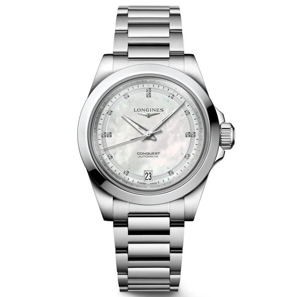 longines conquest 2023 34mm mop dial automatic diamond ladies watch