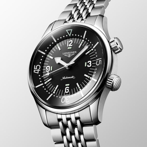 longines legend diver 39mm black dial automatic watch on a steel bracelet front side facing upright image
