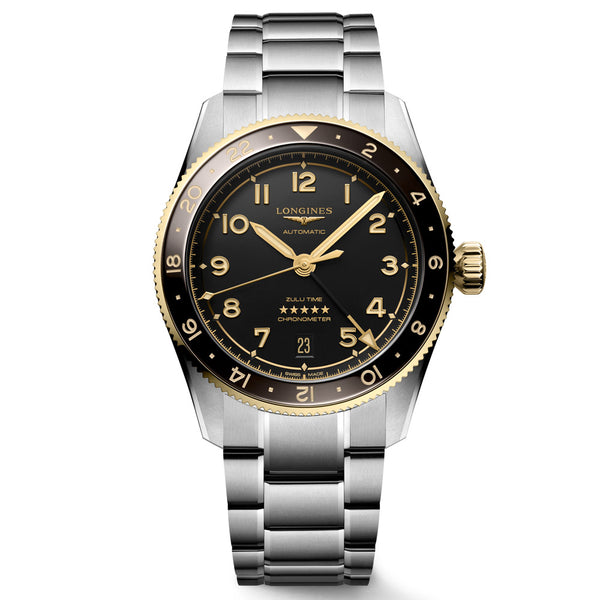 LONGINESゴールド ブラック 腕時計 Longines Spirit Zulu Time GMT 39mm Anthracite Dial 18ct Gold Capped St