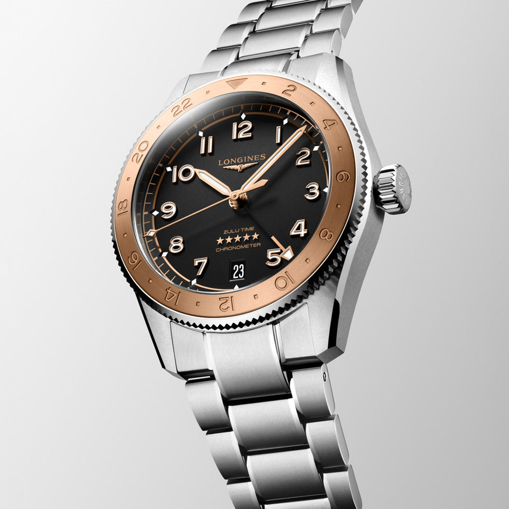 Longines Spirit Zulu Time 1925 GMT 39mm Black Dial Steel and 18ct Pink Gold Cap Automatic Watch L3.803.5.53.6