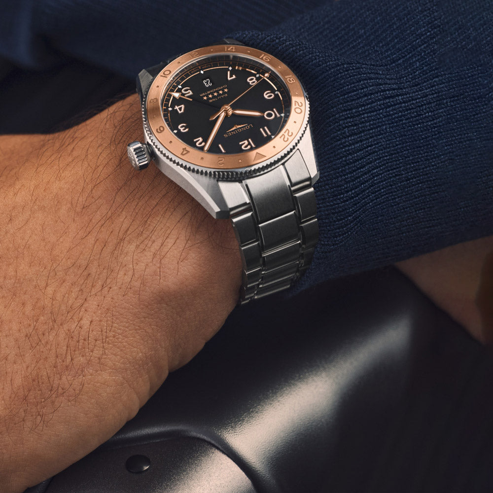 Longines Spirit Zulu Time 1925 GMT 39mm Black Dial Steel and 18ct Pink Gold Cap Automatic Watch L3.803.5.53.6