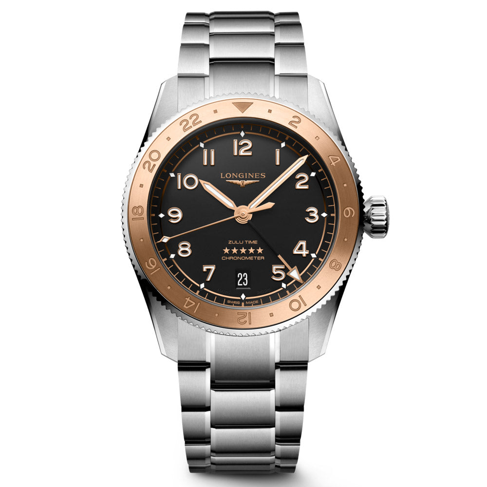 Longines Spirit Zulu Time 1925 GMT 39mm Black Dial Steel and 18ct Pink Gold Cap Automatic Watch L3.803.5.53.6