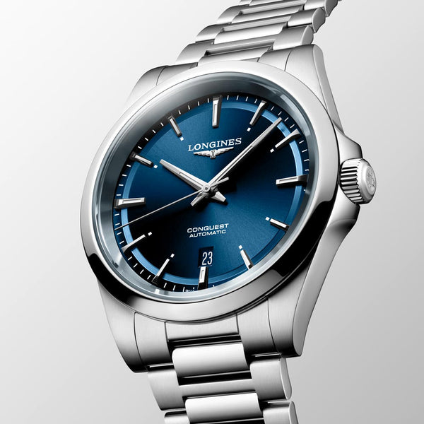 longines conquest 2023 41mm blue dial automatic gents watch front close up