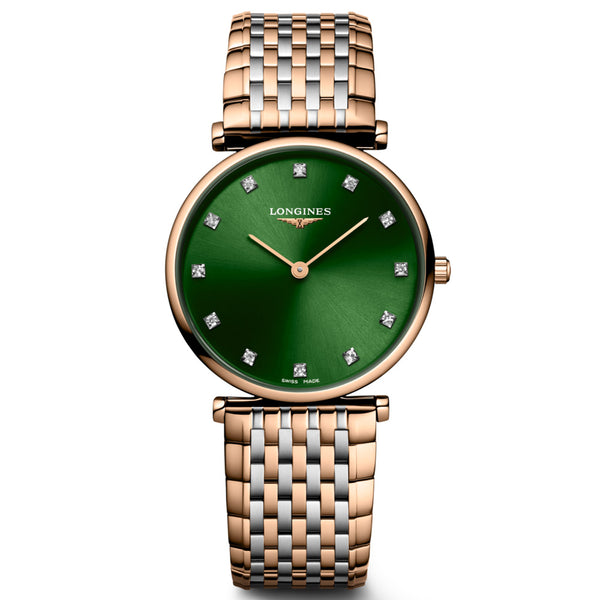 Longines La Grande Classique 29mm Green Diamond Dot Dial Red PVD Steel Ladies Quartz Watch L4.512.1.08.7
