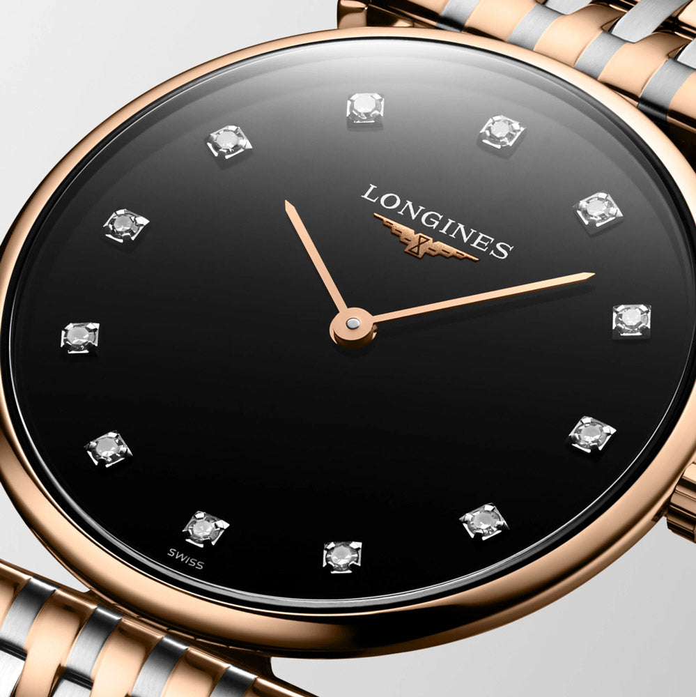 Longines La Grande Classique 29mm Black Dial Red PVD Steel Diamond Ladies Quartz Watch L4.512.1.57.7