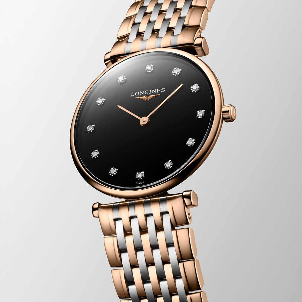 Longines La Grande Classique 29mm Black Dial Red PVD Steel Diamond Ladies Quartz Watch L4.512.1.57.7