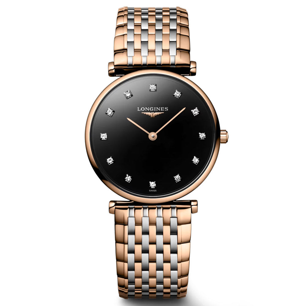 Longines La Grande Classique 29mm Black Dial Red PVD Steel Diamond Ladies Quartz Watch L4.512.1.57.7