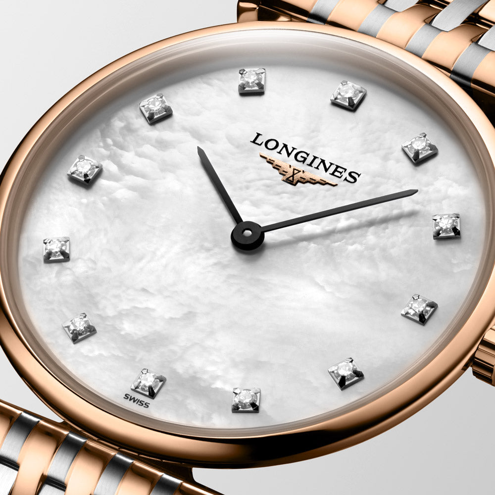 Longines La Grande Classique 29mm MOP Diamond Dot Dial Red PVD Steel Ladies Quartz Watch L4.512.1.97.7