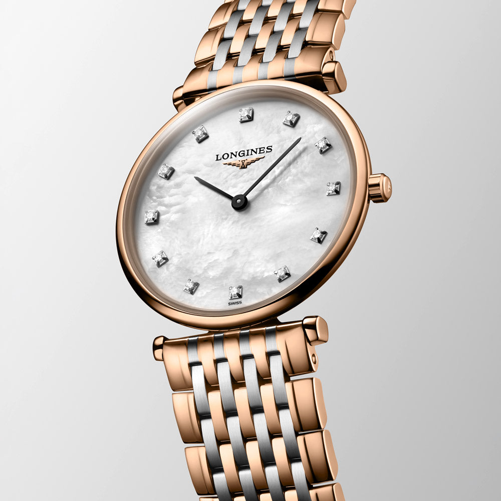 Longines La Grande Classique 29mm MOP Diamond Dot Dial Red PVD Steel Ladies Quartz Watch L4.512.1.97.7