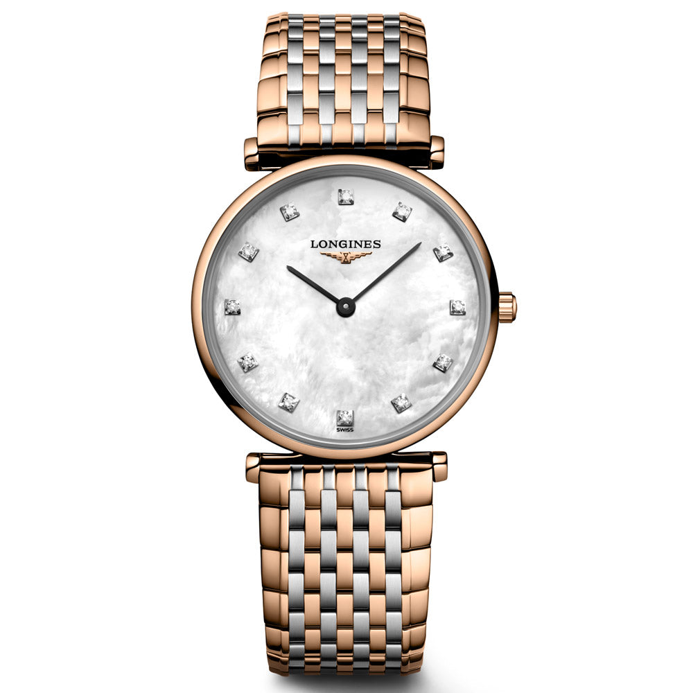 Longines La Grande Classique 29mm MOP Diamond Dot Dial Red PVD Steel Ladies Quartz Watch L4.512.1.97.7