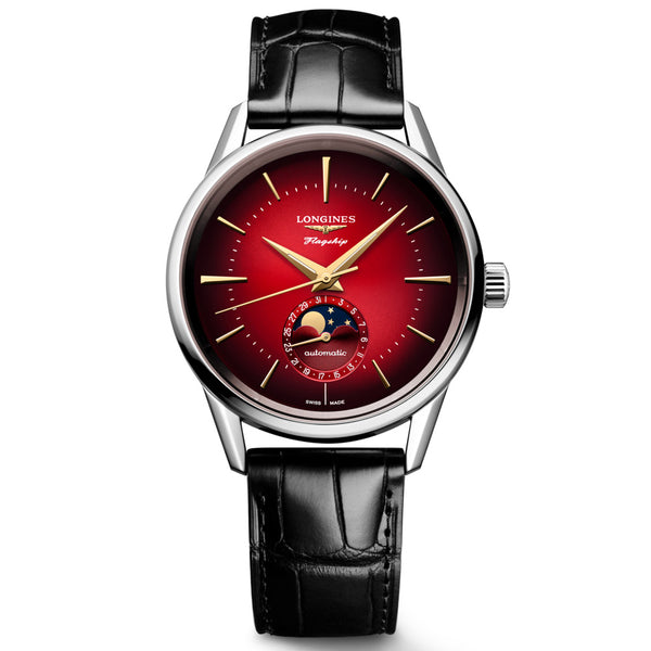 longines flagship heritage 38.5mm red dial automatic moonphase watch front facing upright image