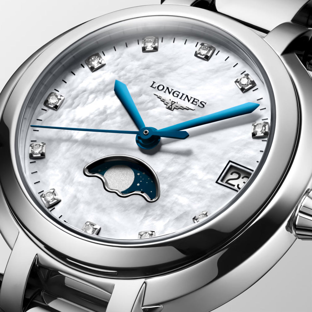 Longines PrimaLuna 30.5mm MOP Diamond Dot Dial Moonphase Ladies Quartz Watch L8.115.4.87.6