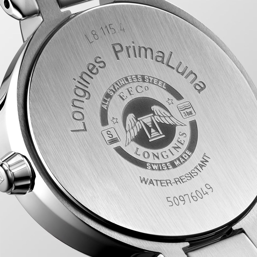 Longines PrimaLuna 30.5mm MOP Diamond Dot Dial Moonphase Ladies Quartz Watch L8.115.4.87.6