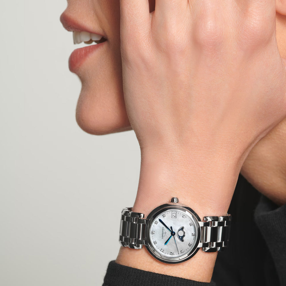 Longines PrimaLuna 30.5mm MOP Diamond Dot Dial Moonphase Ladies Quartz Watch L8.115.4.87.6