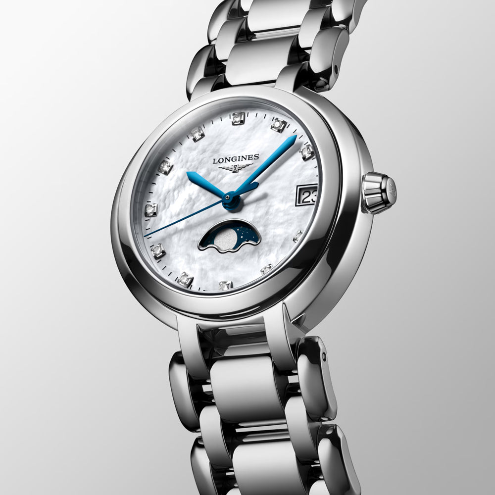 Longines PrimaLuna 30.5mm MOP Diamond Dot Dial Moonphase Ladies Quartz Watch L8.115.4.87.6