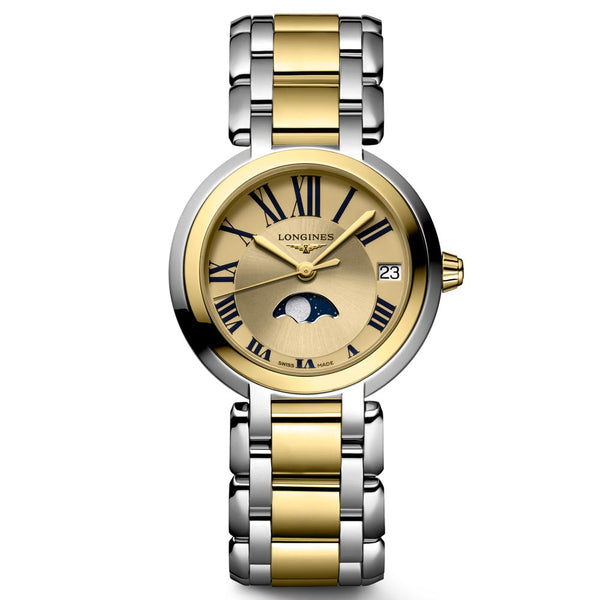 longines primaluna gilt dial moon phase 18ct yellow gold capped steel ladies watch